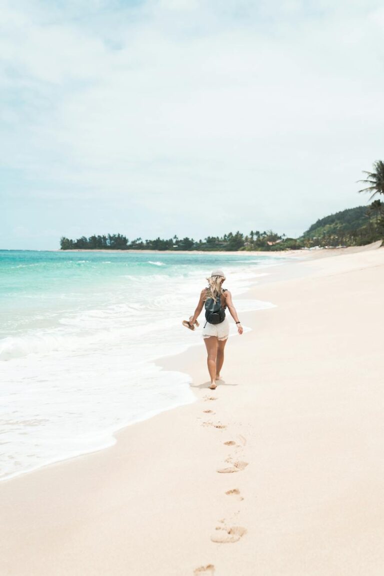 back view photo of woman walking alone on the beach