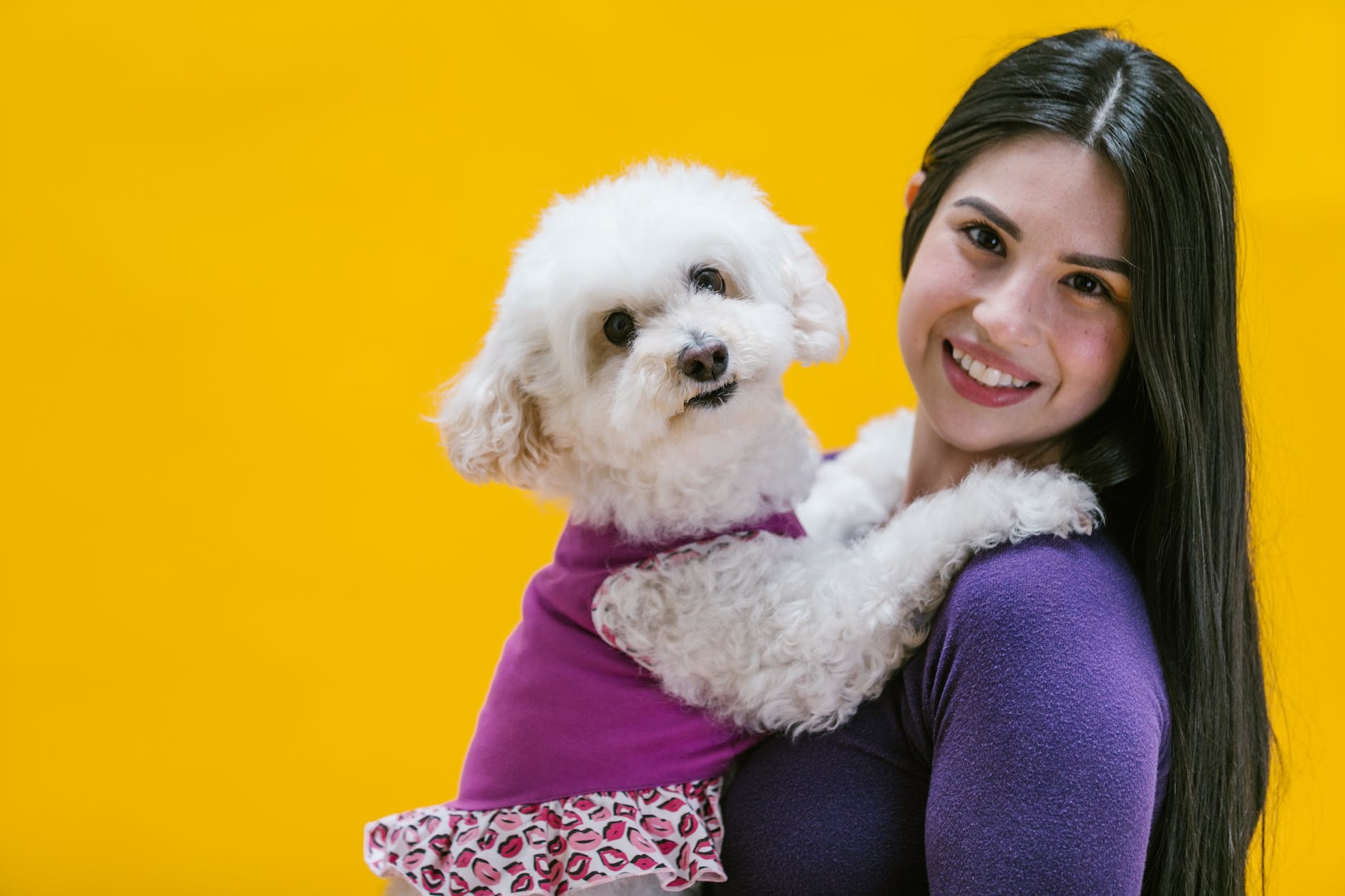 beautiful woman carrying a white dog